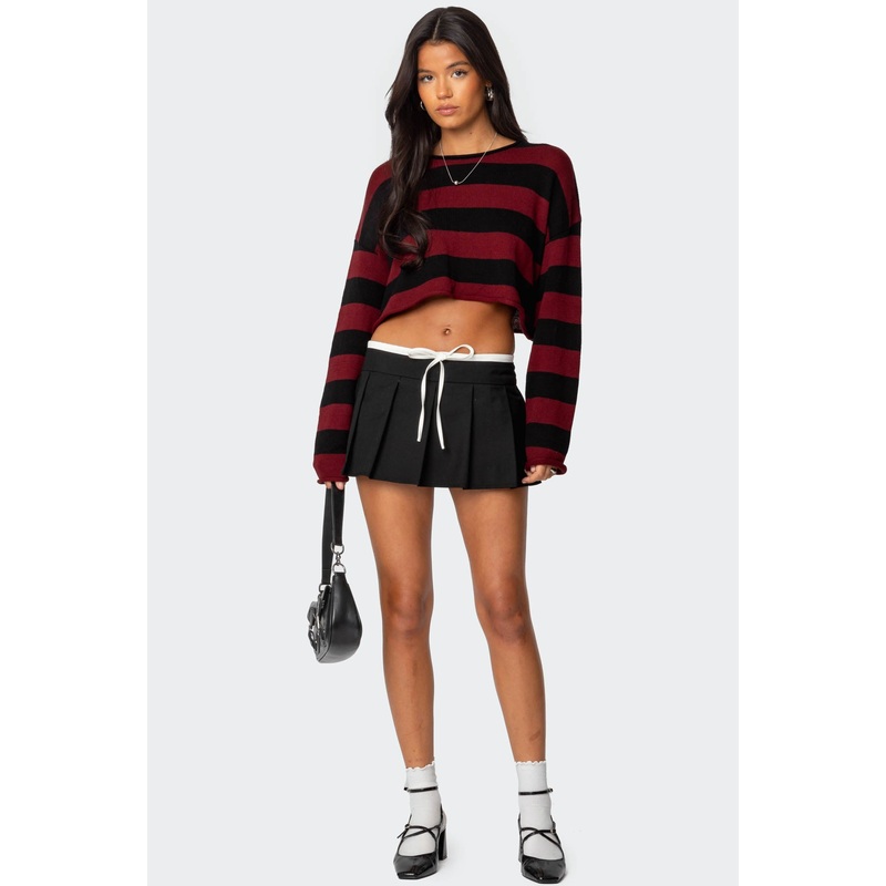 Contrast Drawstring Pleated Mini Skort BLACK AND WHITE XS