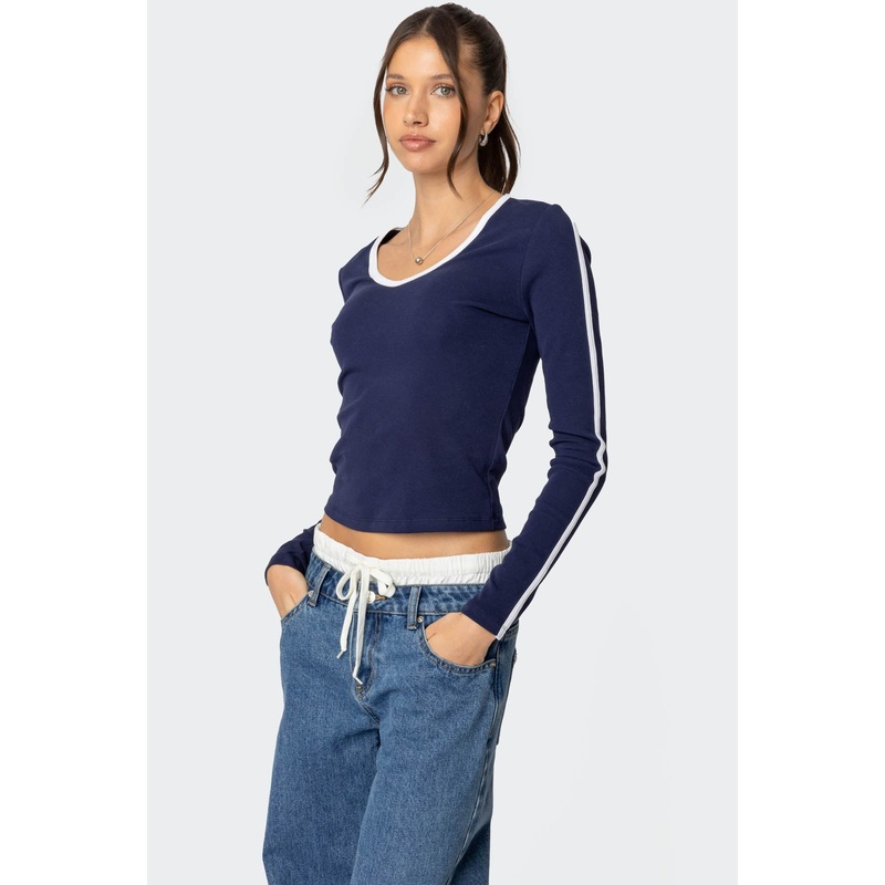 Contrast V Neck Long Sleeve T Shirt NAVY XS