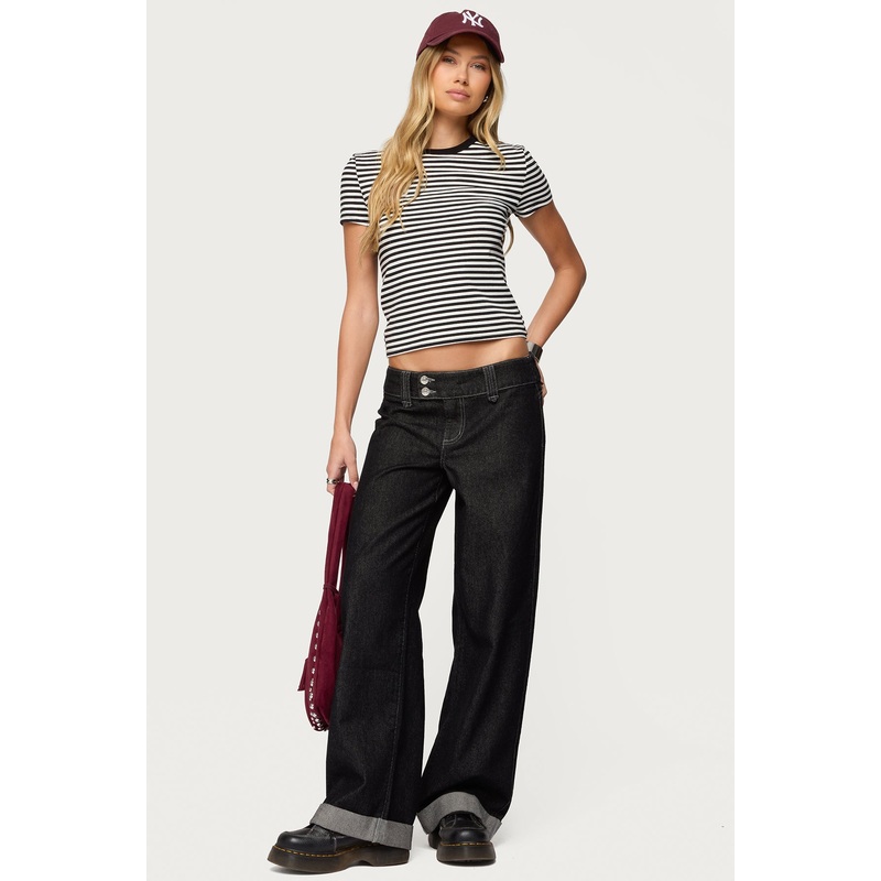 Cuffed Low Rise Straight Leg Jeans BLACK-WASHED XS