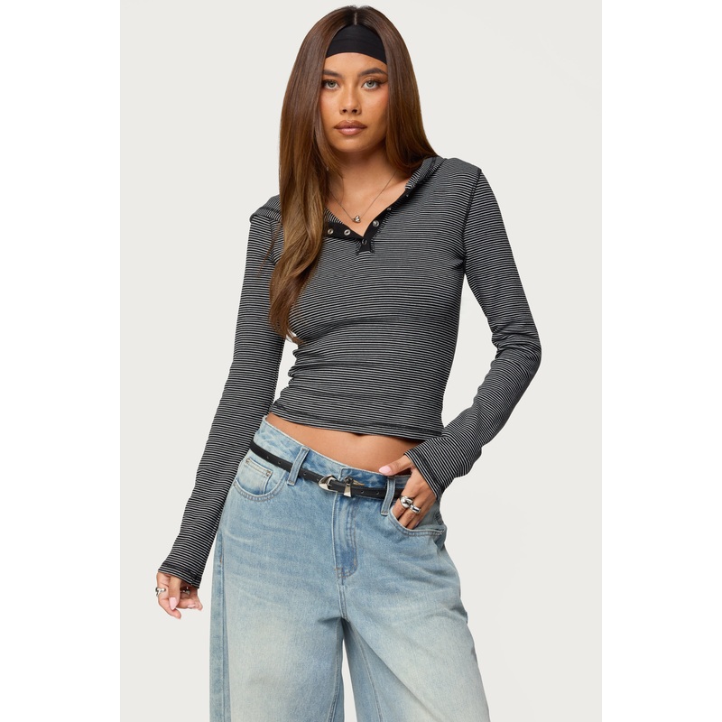 Damson Striped Hooded Henley Top BLACK XS