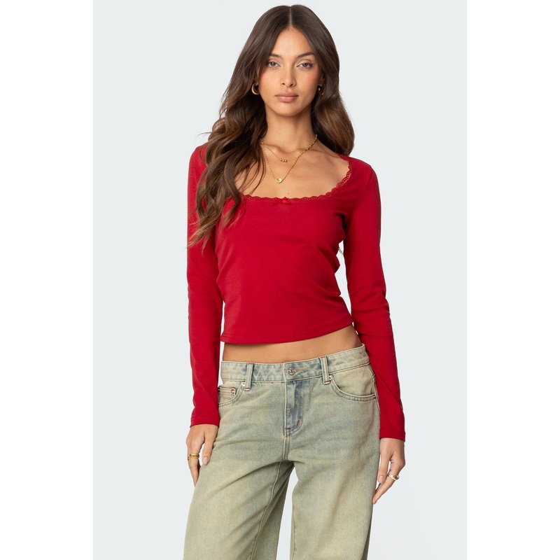 Mora Lace Trim Ribbed T Shirt RED XS