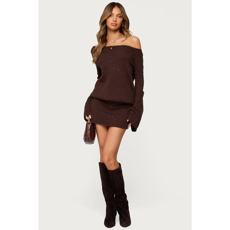 Off Shoulder Sequin Knit Mini Dress BROWN XS