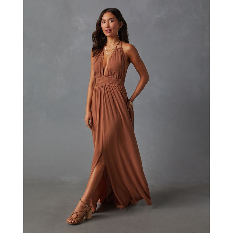 Oriana Pocketed Rope Trim Maxi Dress Hazelnut S