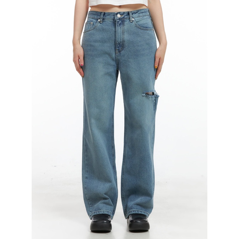 Rae Straight Fit Distressed Denim Jeans CG408 Blue S