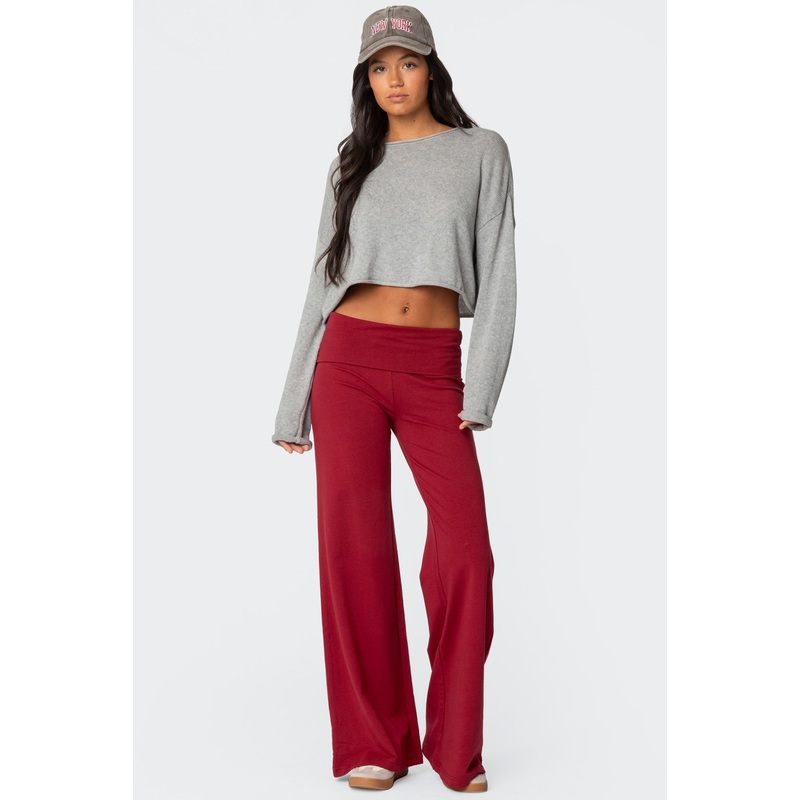 Wide Leg Fold Over Pants BURGUNDY XS