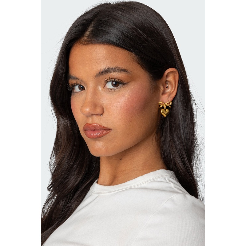 Bow Heart Charm Earrings GOLD OS