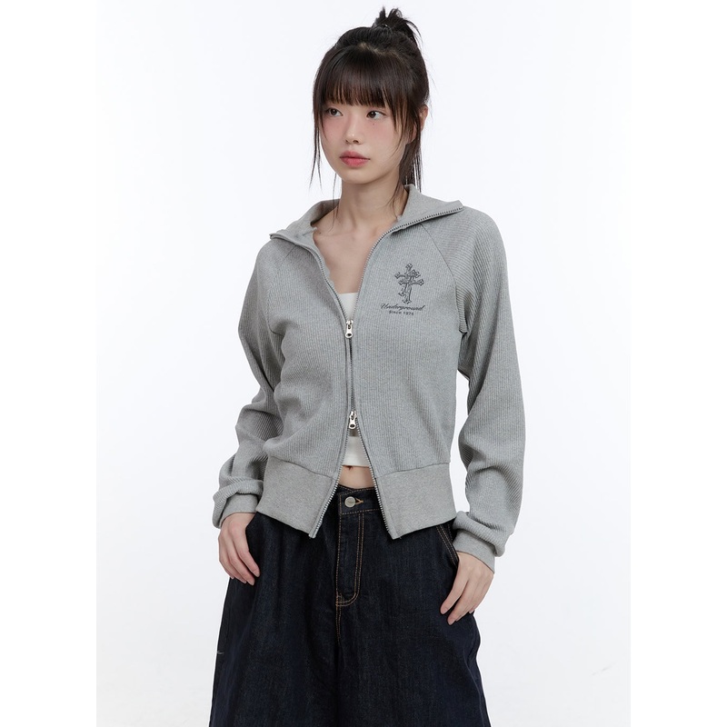 Cotton Two-Way Zip-Up Graphic Sweat Hoodie CG413 Gray S/M