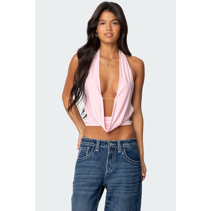 Deep Cowl Neck Open Back Top LIGHT PINK XS