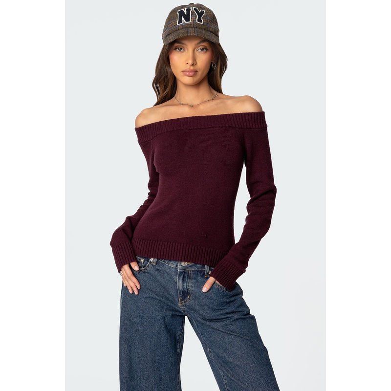 Elona Off Shoulder Knit Top BURGUNDY XS