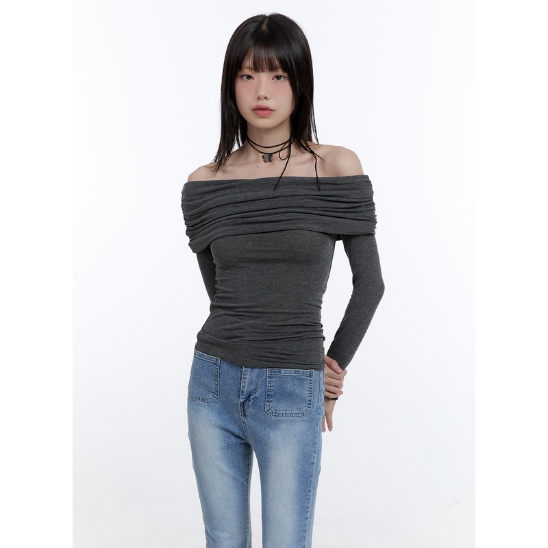 Long Sleeve Off-Shoulder Slim Top CG412 Dark gray S/M