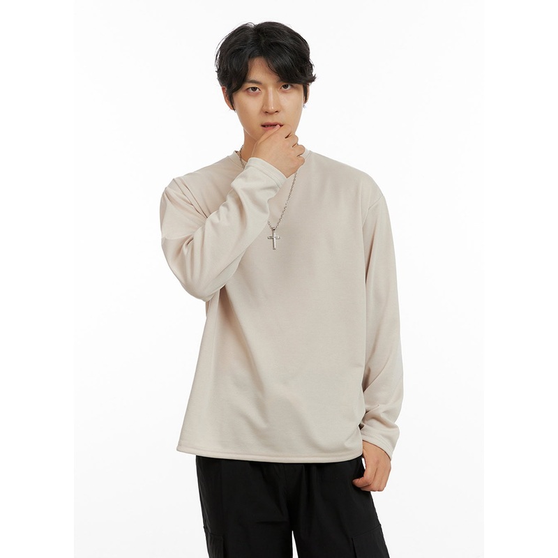 Men’s Loose Round Neck Long Sleeve (Beige) IG409 Beige M