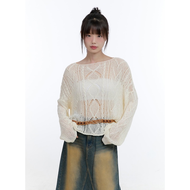 See-Through Knit Boat Neck Sweater CG413 Light beige S/M