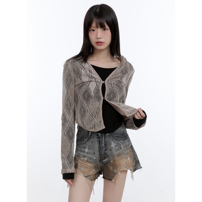 Sheer Lace Hook Hooded Cardigan CG413 Brown S/M