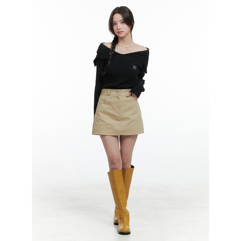 Solid Cotton Mini Skirt OG409 Beige S/M