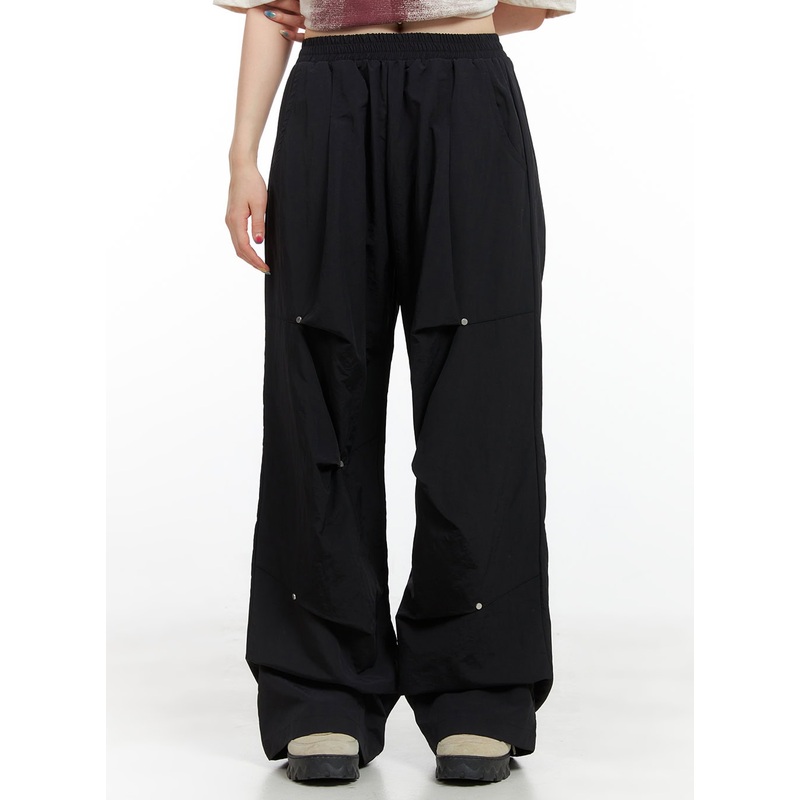 Stud Banded Nylon Wide Leg Pants CG409 Black S/M