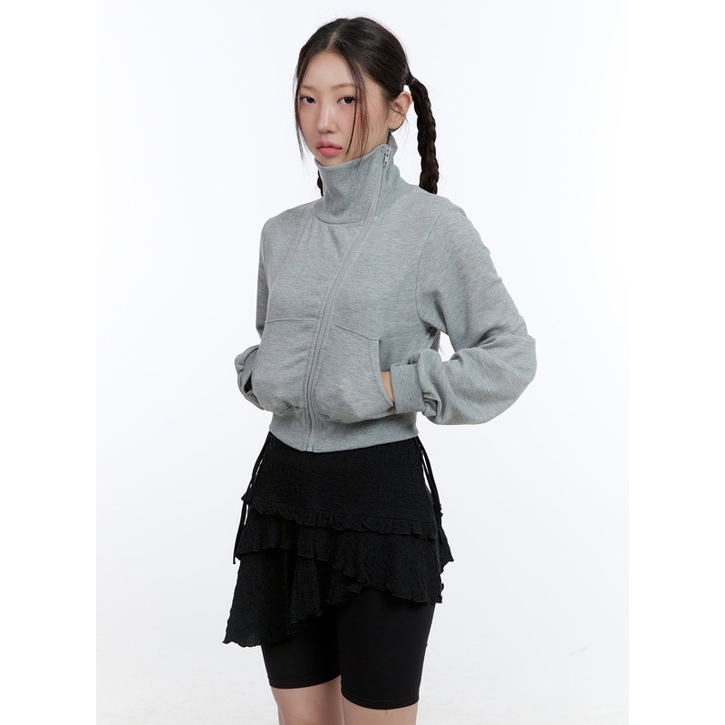 Turtleneck Zip-Up Crop Sweatshirt CG414 Gray S/M