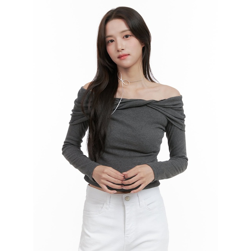 Twisty Off Shoulder Crop Top OG412 Dark gray S/M