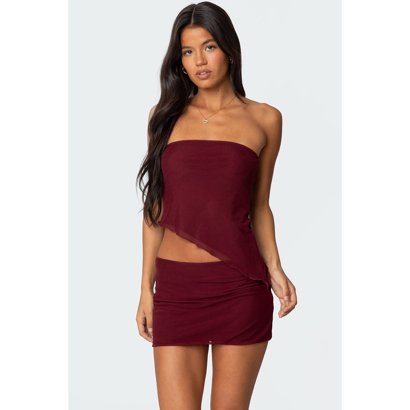 Vivi Mesh Asymmetric Tube Top BURGUNDY XS