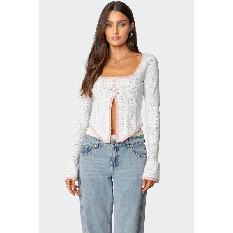 Abbie Split Front Pointelle Top WHITE XS