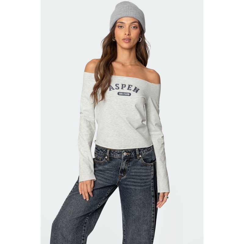 Aspen Ski Club Off Shoulder Top GRAY MELANGE XS