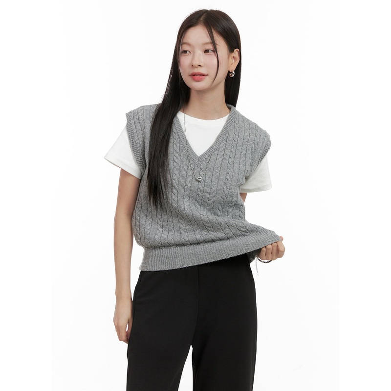 Cable Knit Sleeveless V-Neck Vest OG416 Gray S/M