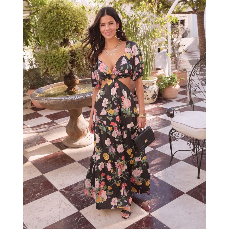 Cambria Satin Floral Puff Sleeve Maxi Dress Black Multi XS