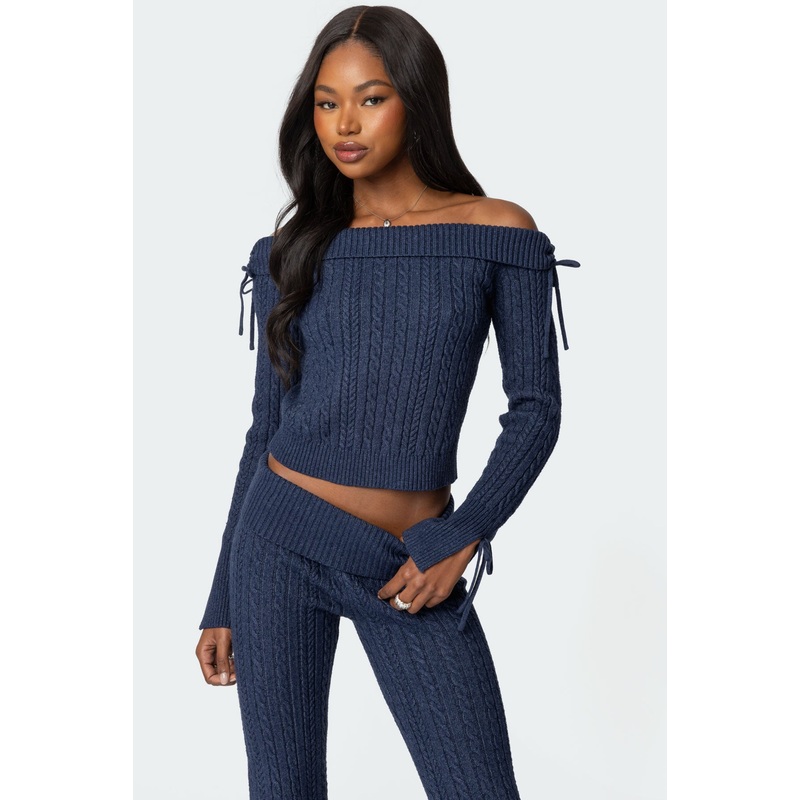 Chase Fold Over Cable Knit Top NAVY XS