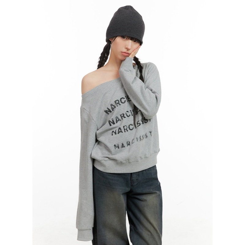 Cozy Lettering Off Shoulder Sweatshirt CG419 Gray S/M