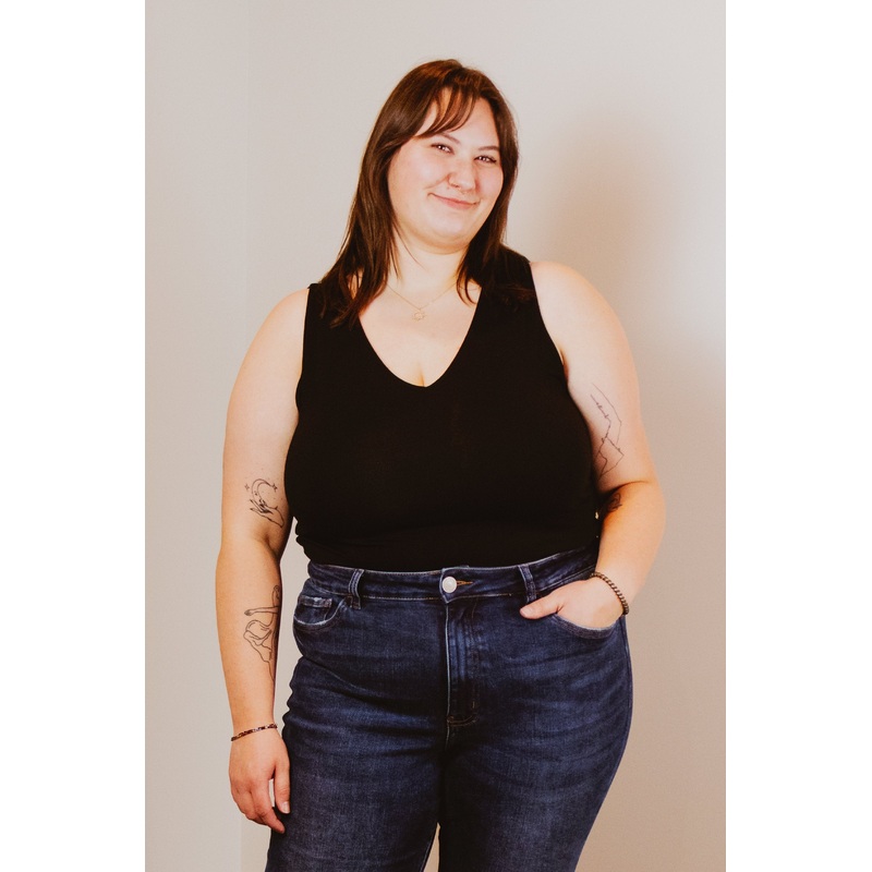 Double Lined V Neck Basic Tank – Black 1XL