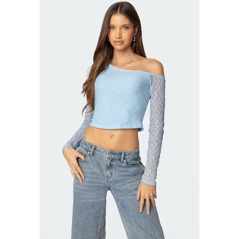 Fabia Asymmetric Textured Lace Top LIGHT BLUE XS