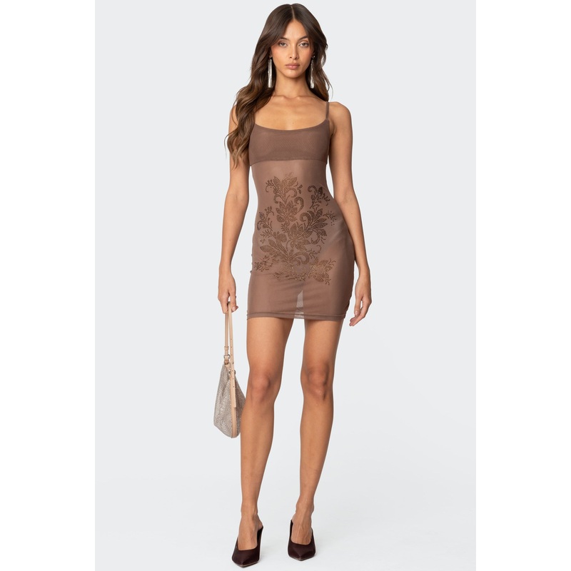 Flora Rhinestone Mesh Mini Dress BROWN XS
