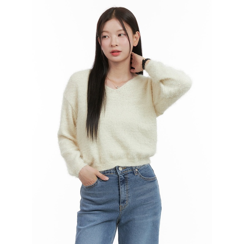 Fuzzy V-Neck Knit Sweater OG419 Light beige S/M