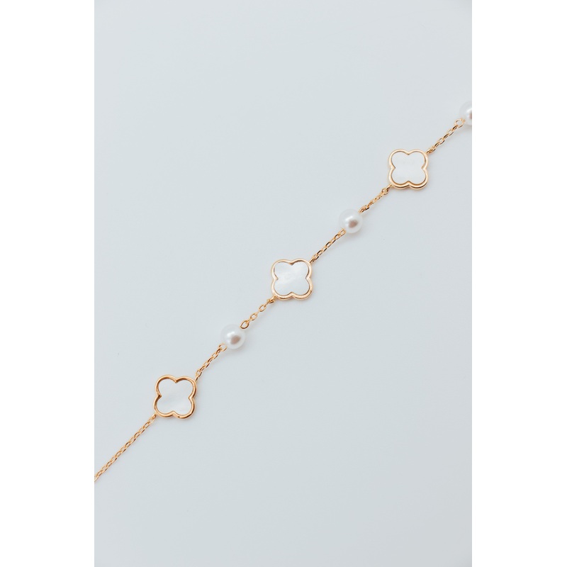 Gold & White Plated SM MOP Clover & Alternating Faux Pearl Bracelet – 23157