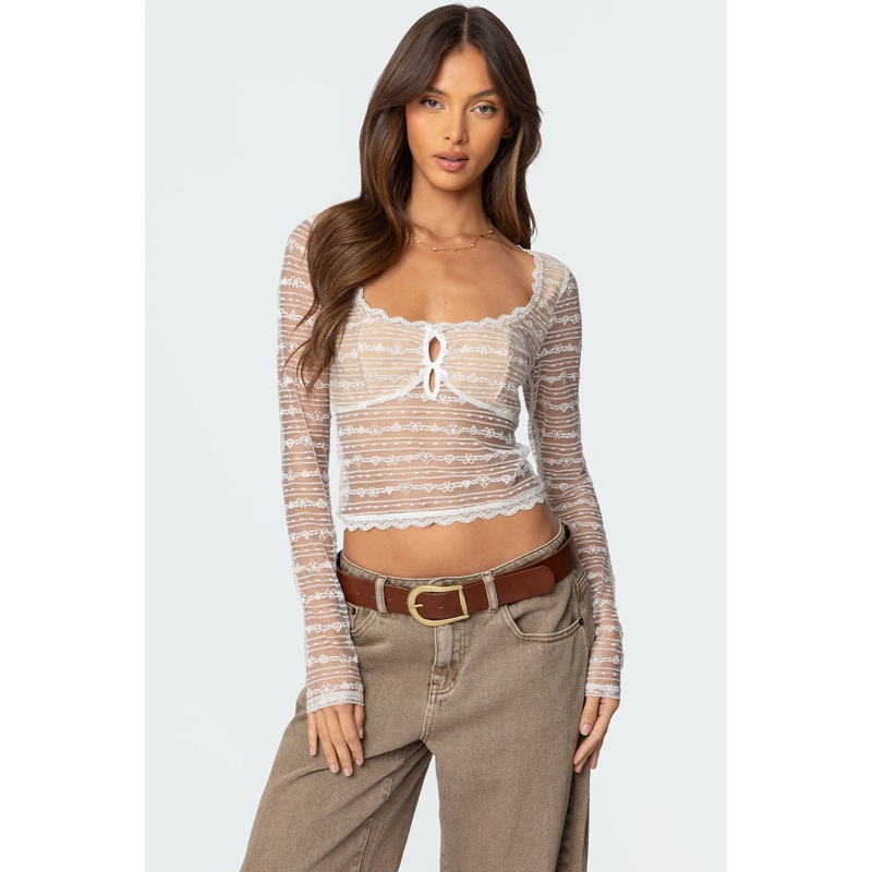 Heart & Bow Sheer Lace Top WHITE XS