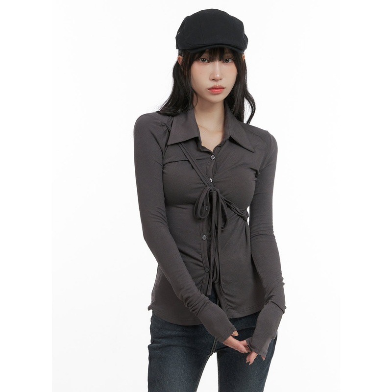 Long Sleeve Slim Tie Collar Top CG421 Dark gray S/M