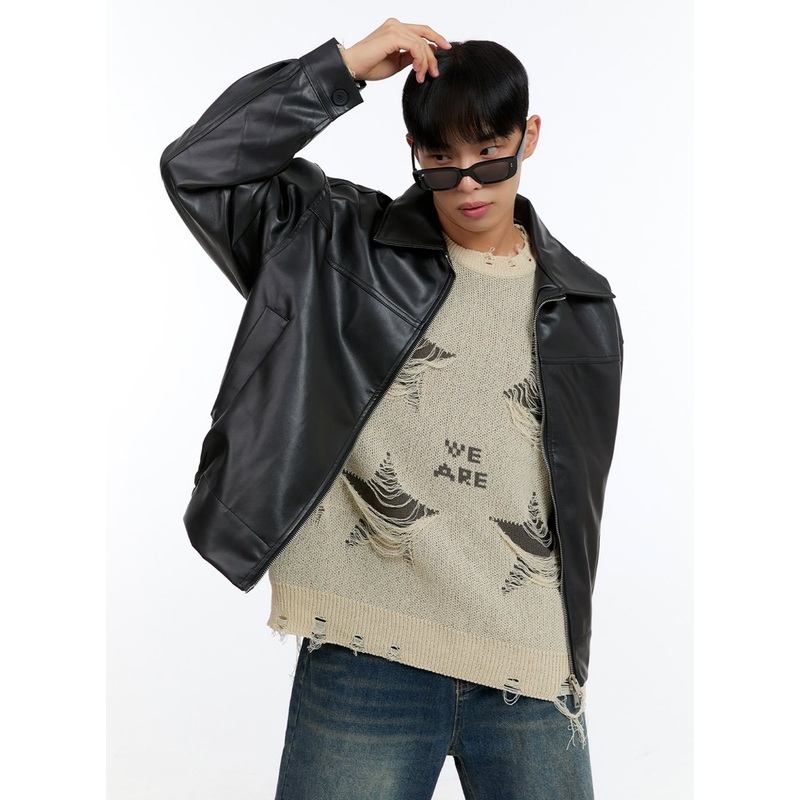 Men’s Faux Leather Zip-Up Collar Jacket IG421 Black M/L