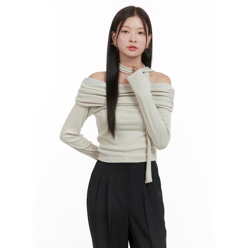 Off-Shoulder Crop Top with Scarf OG416 Beige S/M