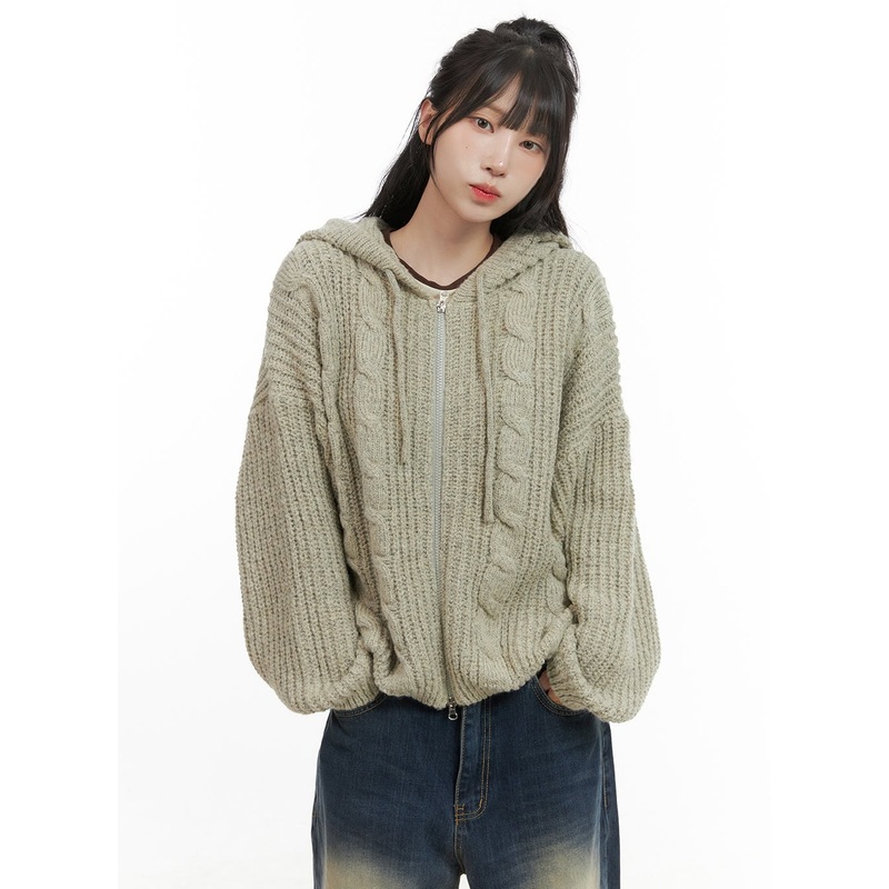 Oversized Cable Knit Zip-Up Hooded Sweater CG421 Beige S/M