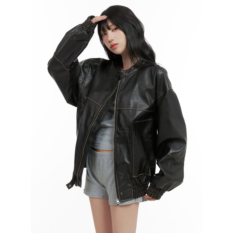 Oversized Faux Leather Bomber Jacket (UNISEX) CG420 Black M/L