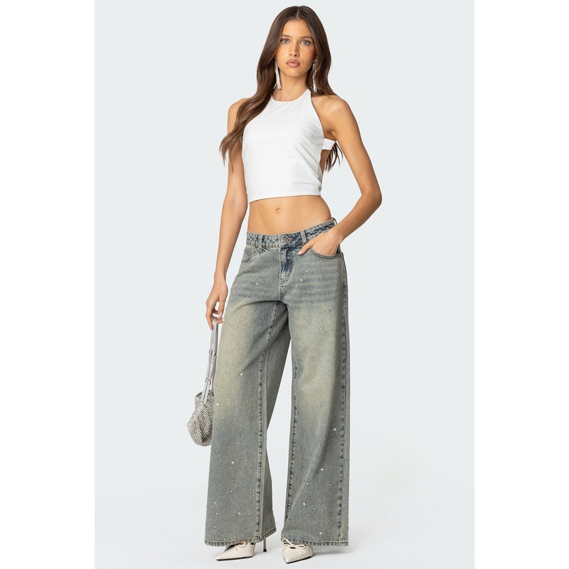 Rhinestone Low Rise Washed Jeans GRAY XS