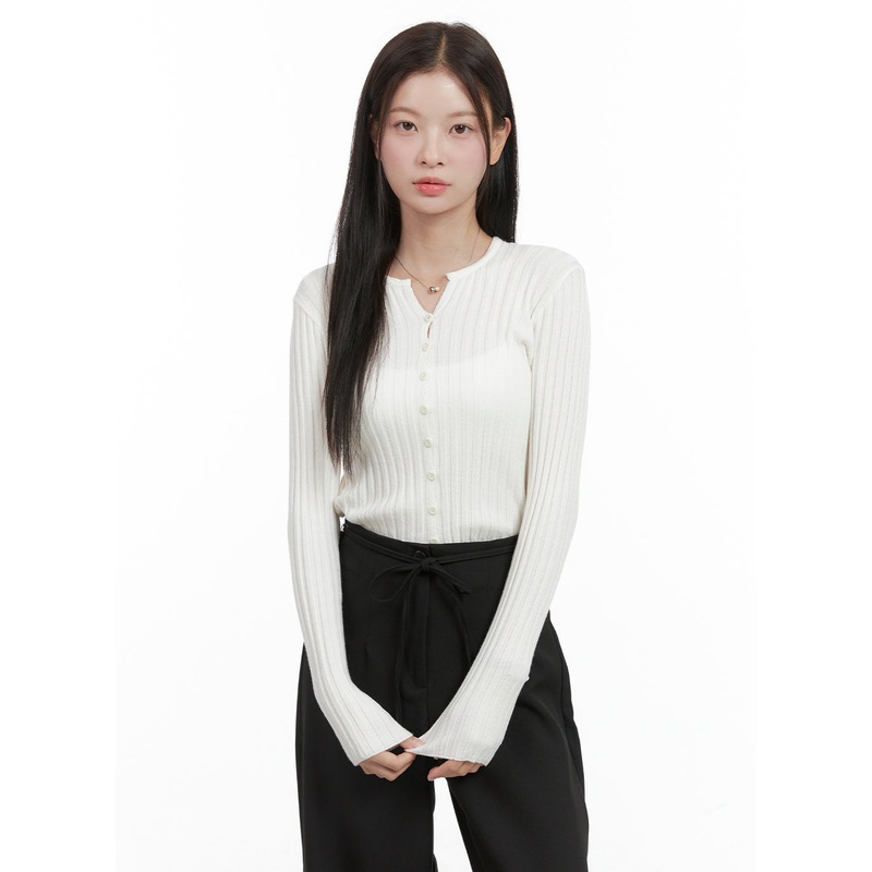 Ribbed Slim Buttoned Long Sleeve Top OG416 Light beige S/M