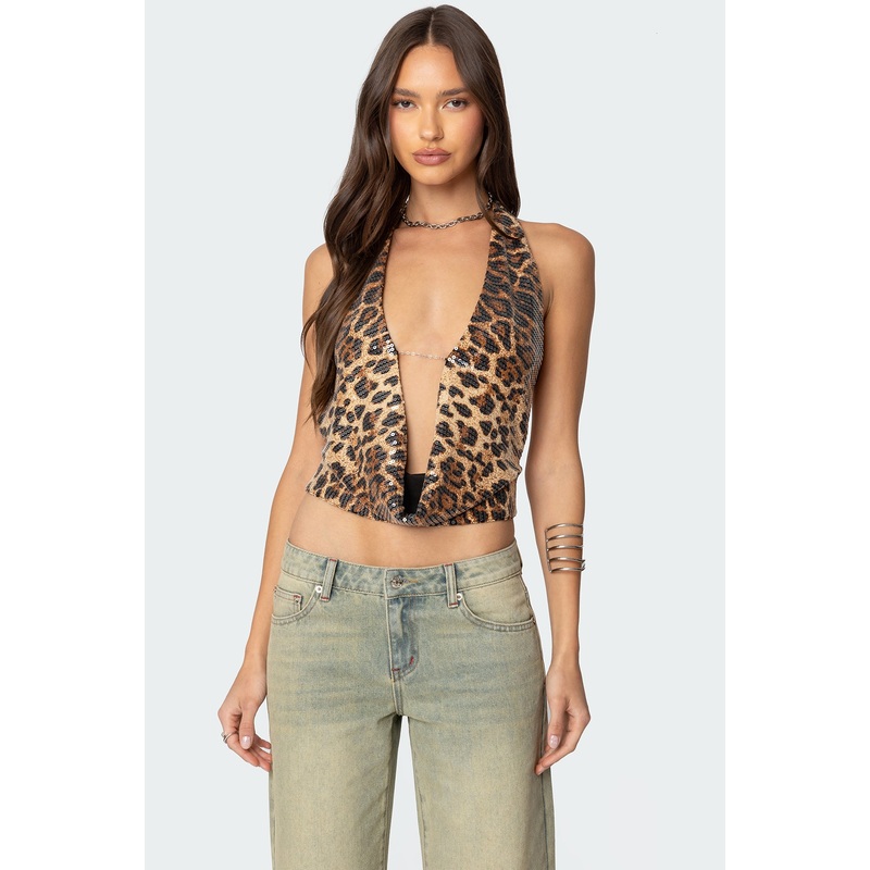 Sequin Leopard Printed Cowl Neck Top LEOPARD XS