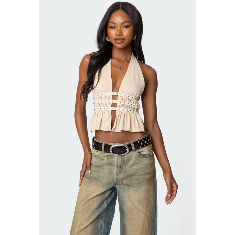 Studded Split Front Backless Halter Top CREAM XS