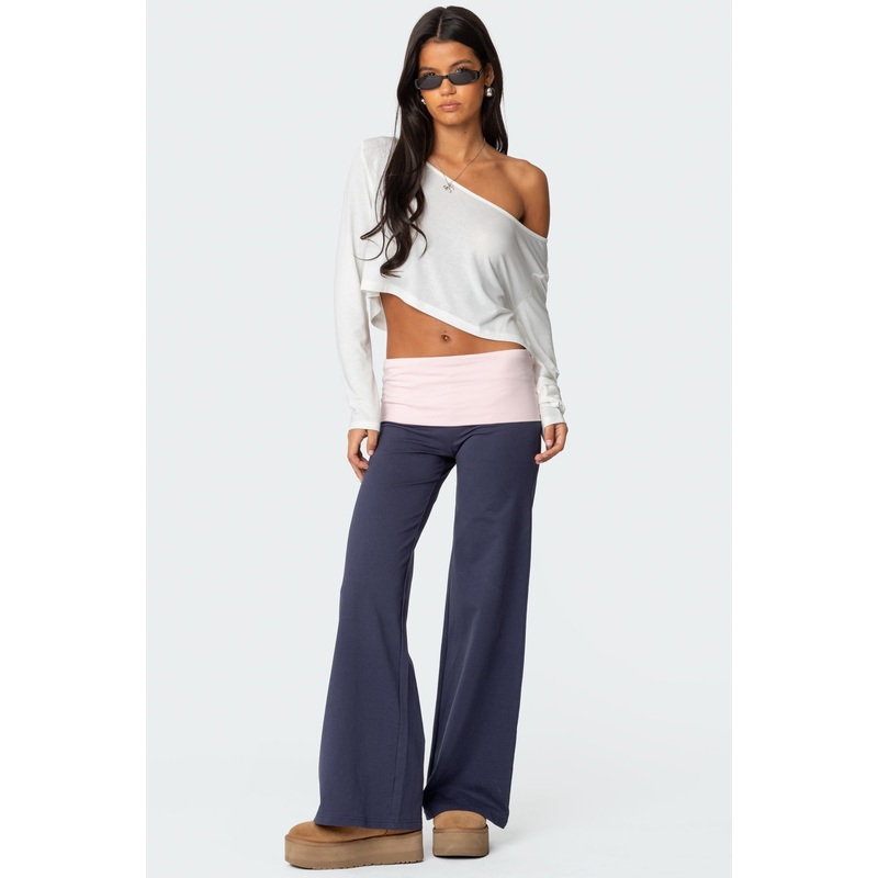 Wide Leg Contrast Fold Over Pants NAVY XS