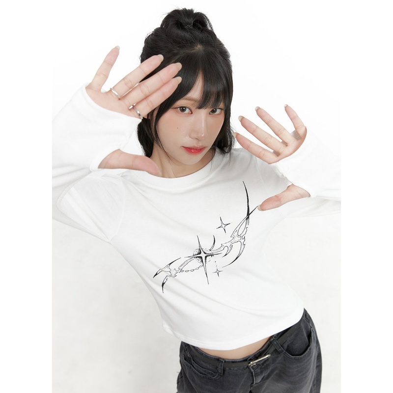 Acubi Graphic Print Long Sleeve Top CG421 Light beige S/M