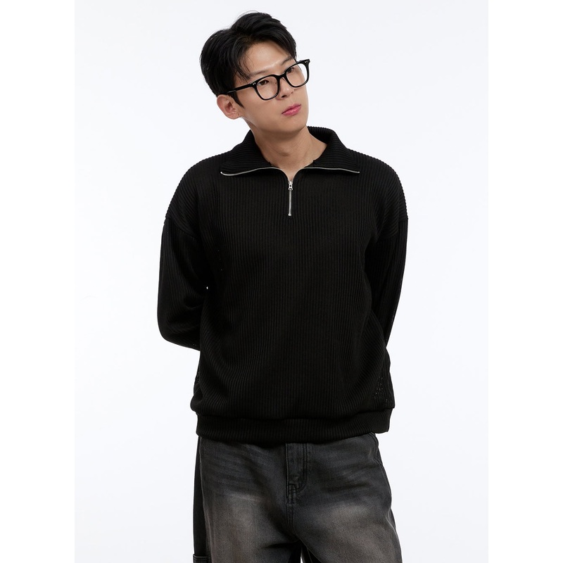 Men’s Soft Cable Knit Zip-Up Pullover IG427 Black M