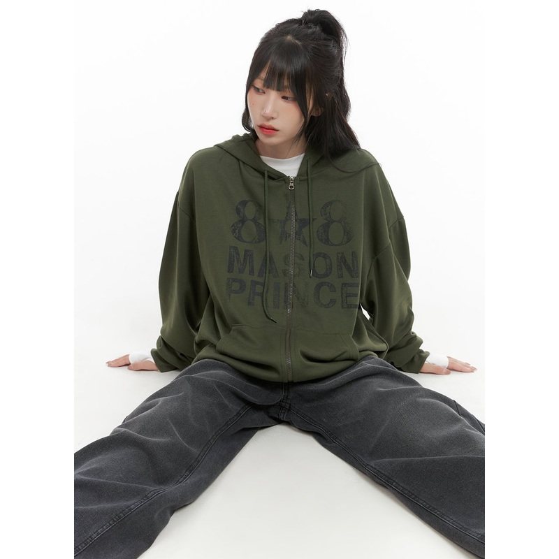 Oversized Lettering Zip-Up Sweat Hoodie CG421 Dark green M/L