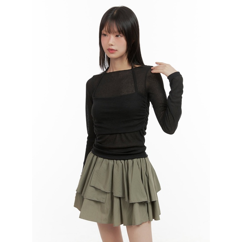 Sheer Layered Long Sleeve Top CG427 Black S/M