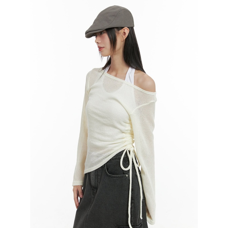 Shirred See-Through One Shoulder Top CG426 Light beige S/M