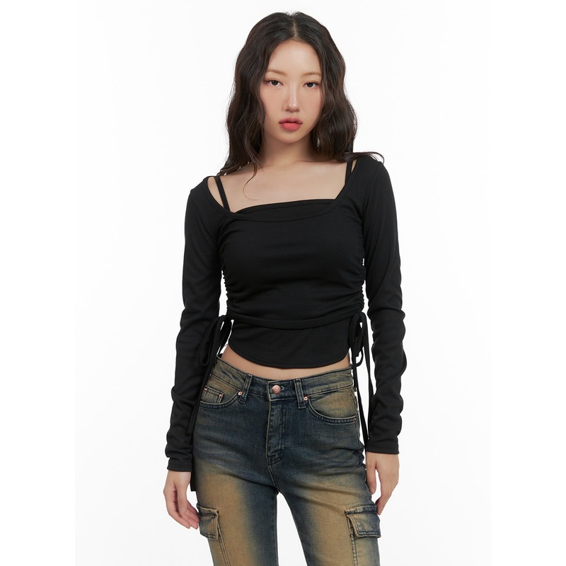 Shirred Square Neck Layered Top CG422 Black S/M